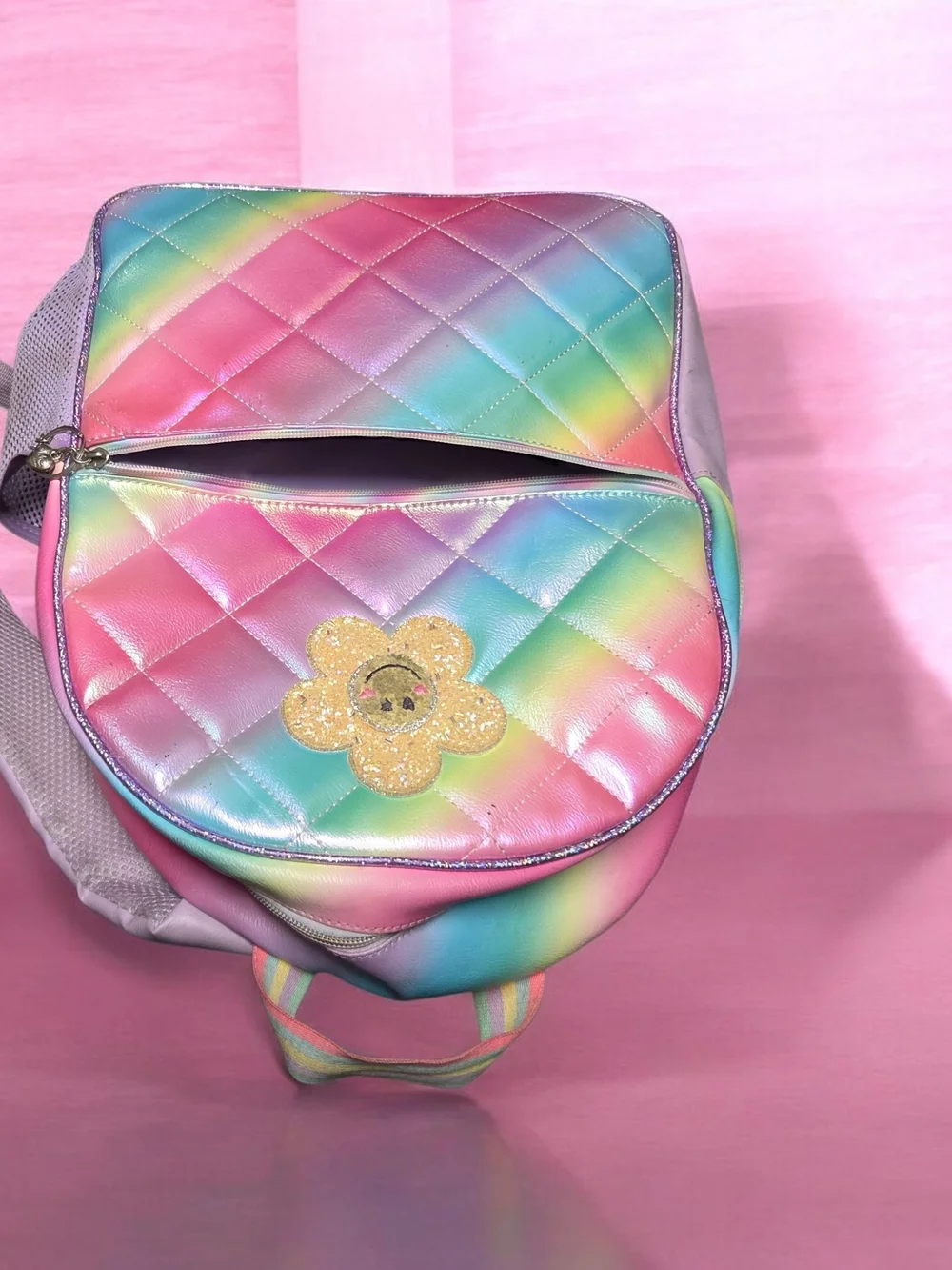 Iridescent Rainbow Backpack with Glitter Flower
